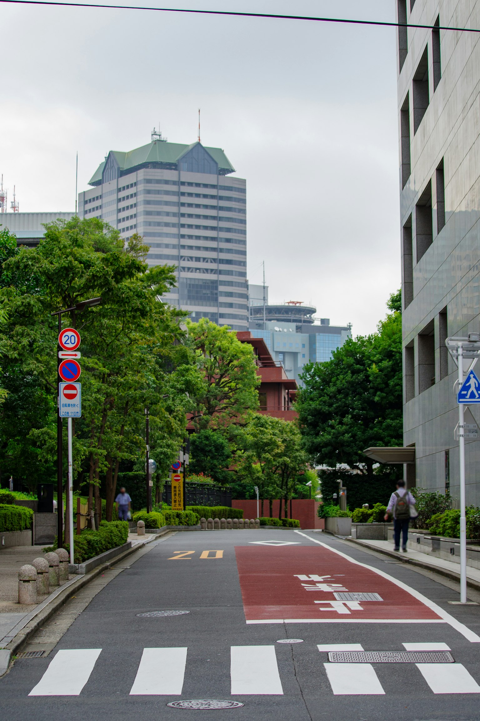 A scenic street view in Tokyo with lush greenery and skyscrapers