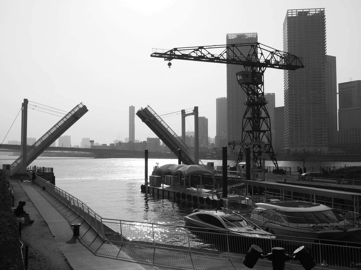 Vue en noir et blanc d'un pont levé au-dessus d'une rivière avec des gratte-ciels en arrière-plan