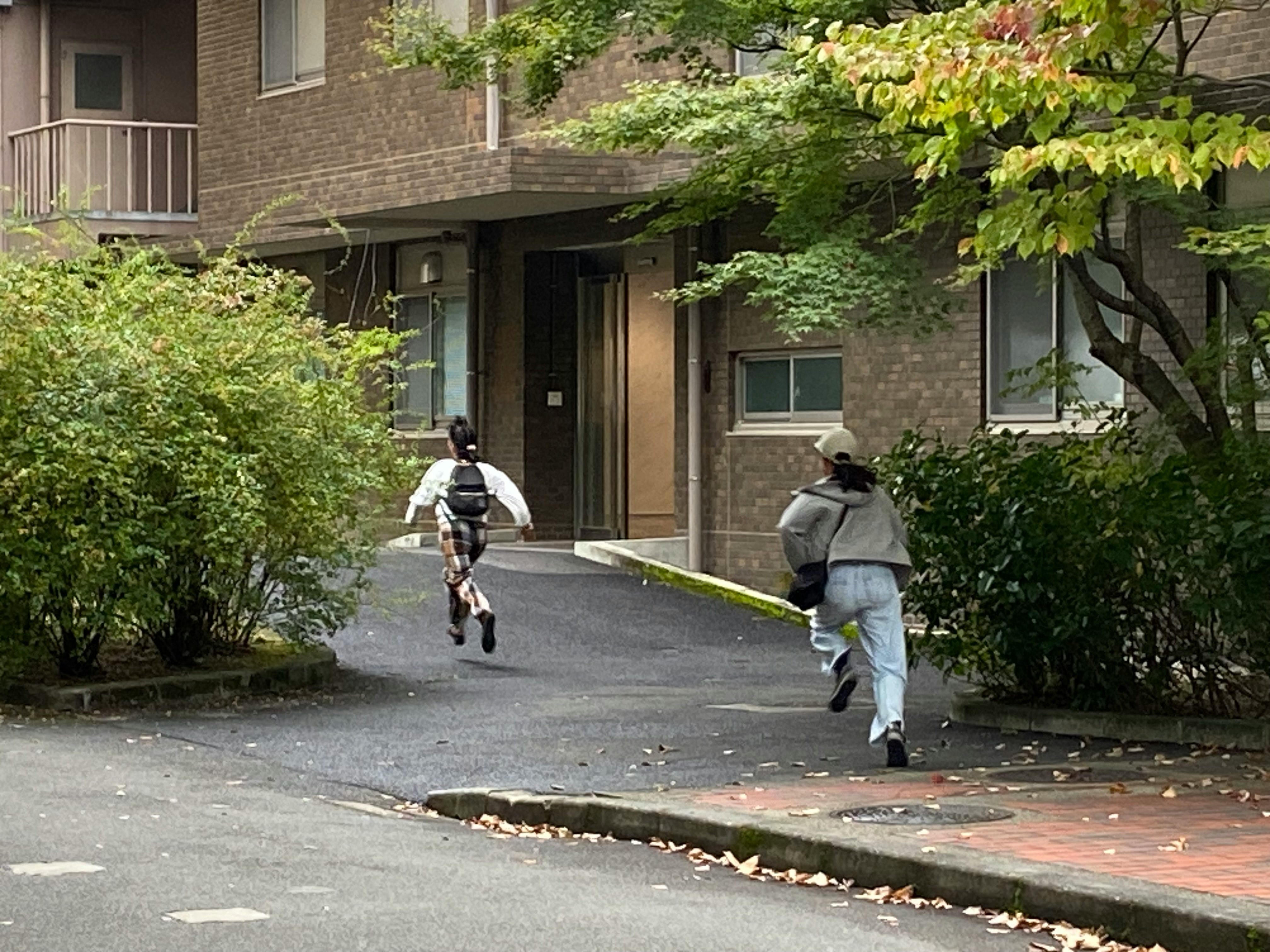 children riding bicycles in a courtyard surrounded by greenery