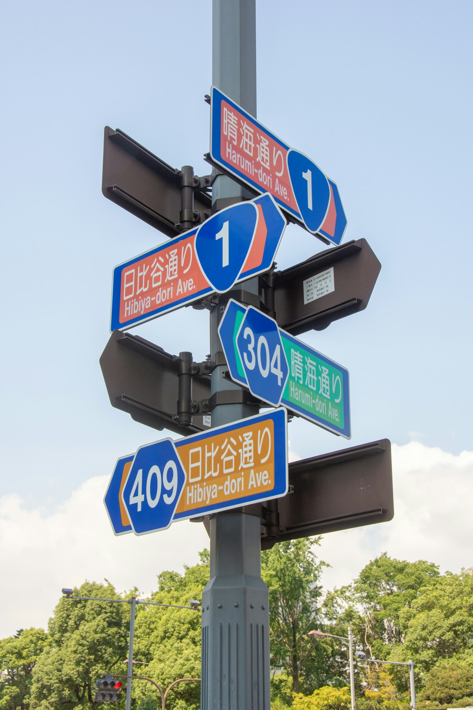十字路口的藍色路標，帶有路線編號和方向
