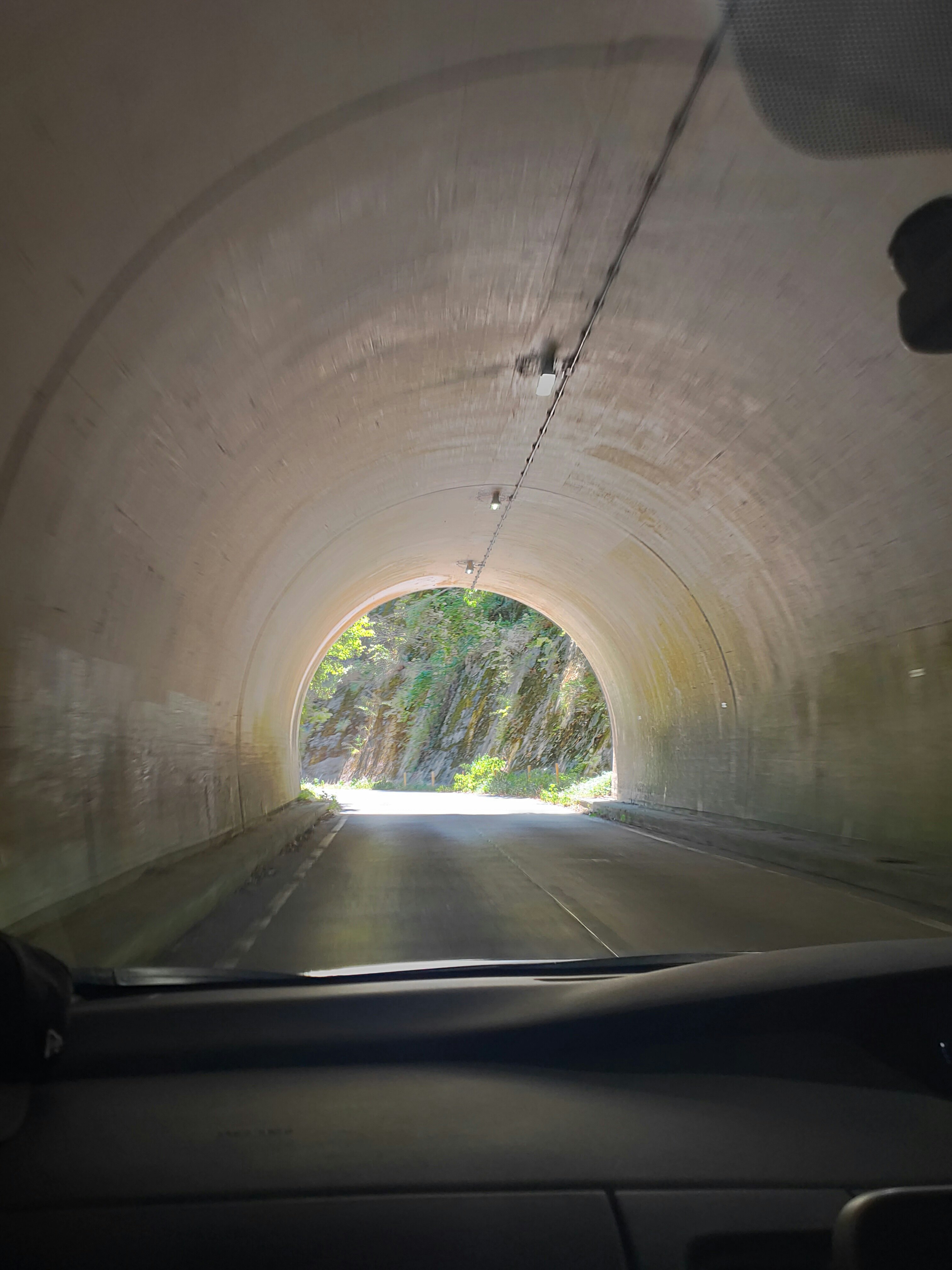 トンネルの先に続く道路と緑の風景