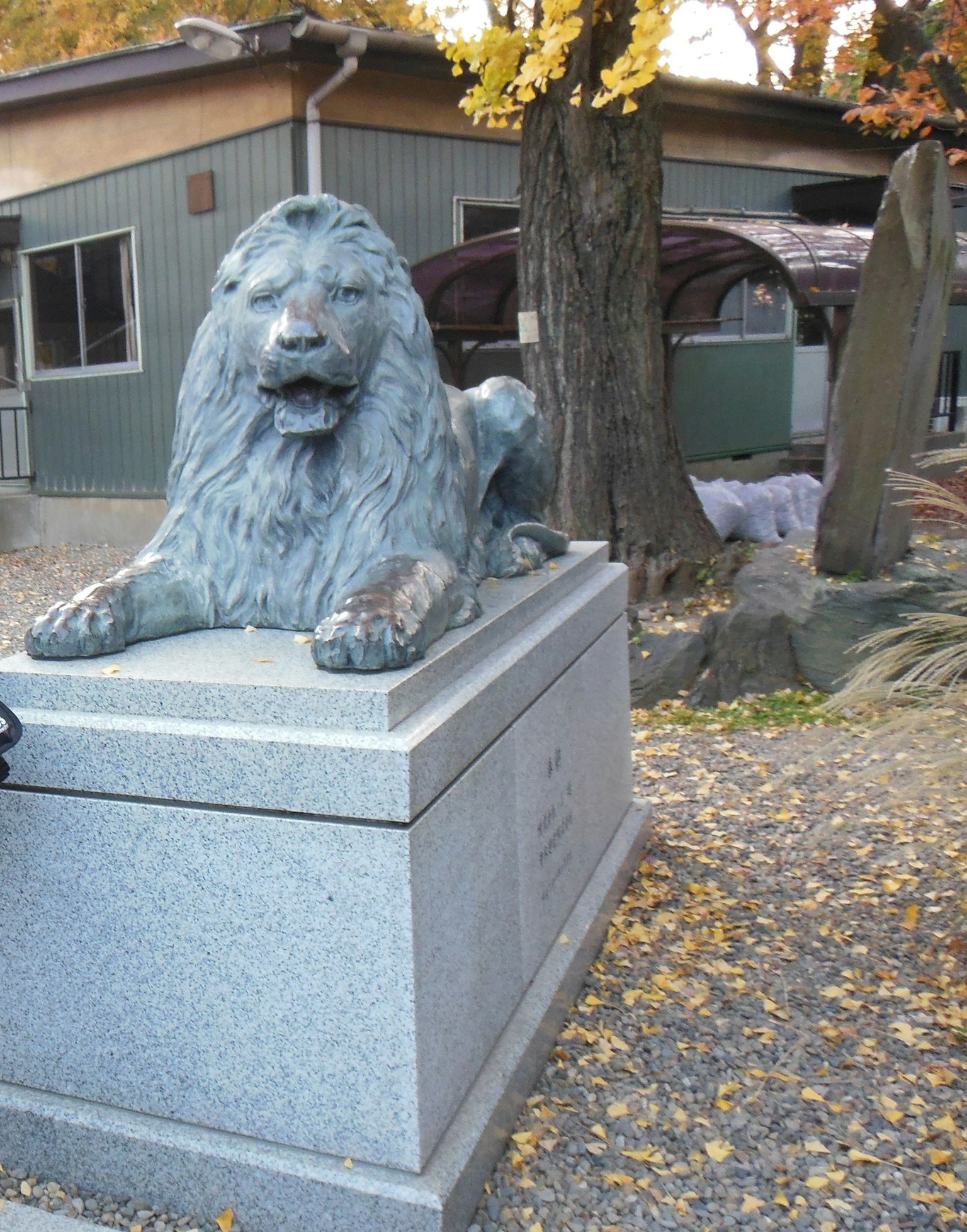 青銅獅子雕像 resting 在石座上，背景是秋天的樹木