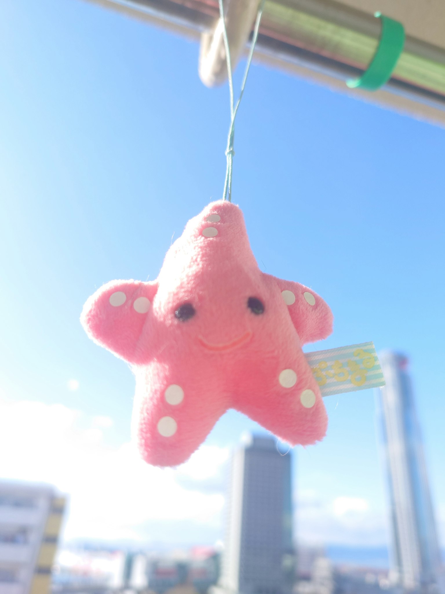 Giocattolo di peluche a forma di stella rosa appeso contro un cielo blu