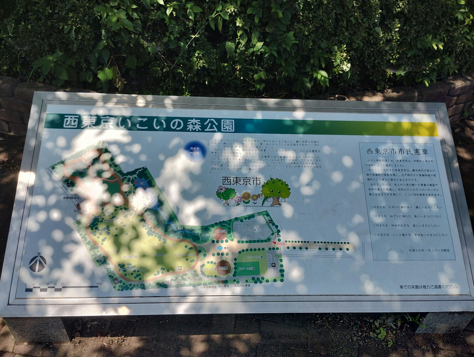 公園地圖資訊板被綠色樹木環繞詳細的位置信息和描述