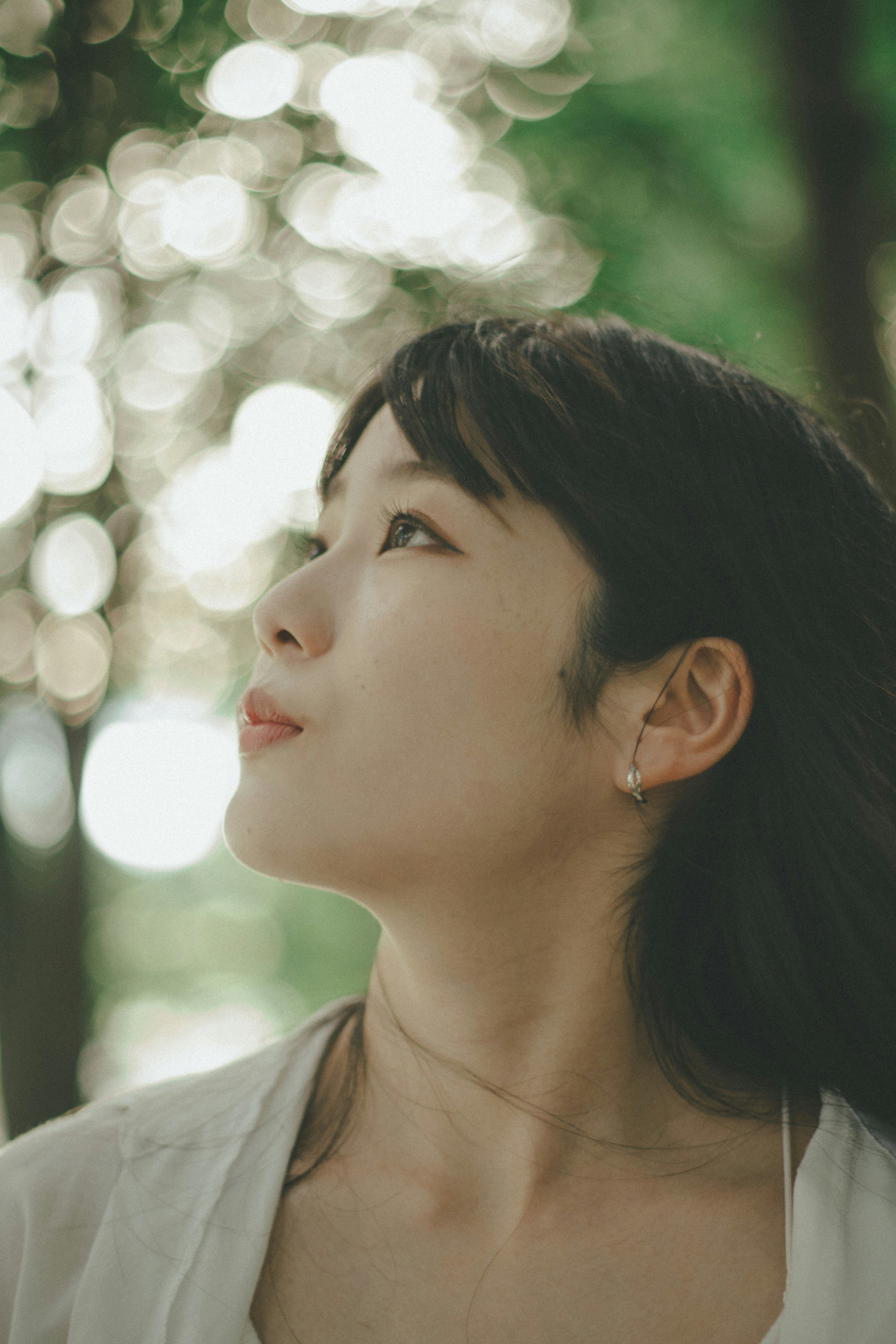 木漏れ日の中で横顔を見上げる女性