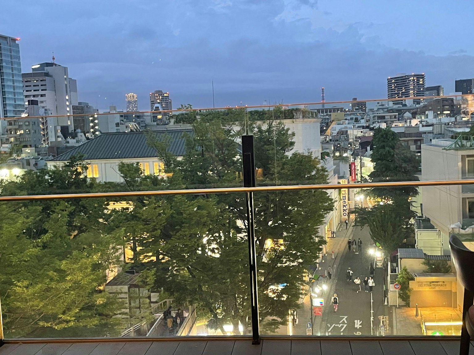 黃昏時從陽台看到的城市景觀，有建築和樹木