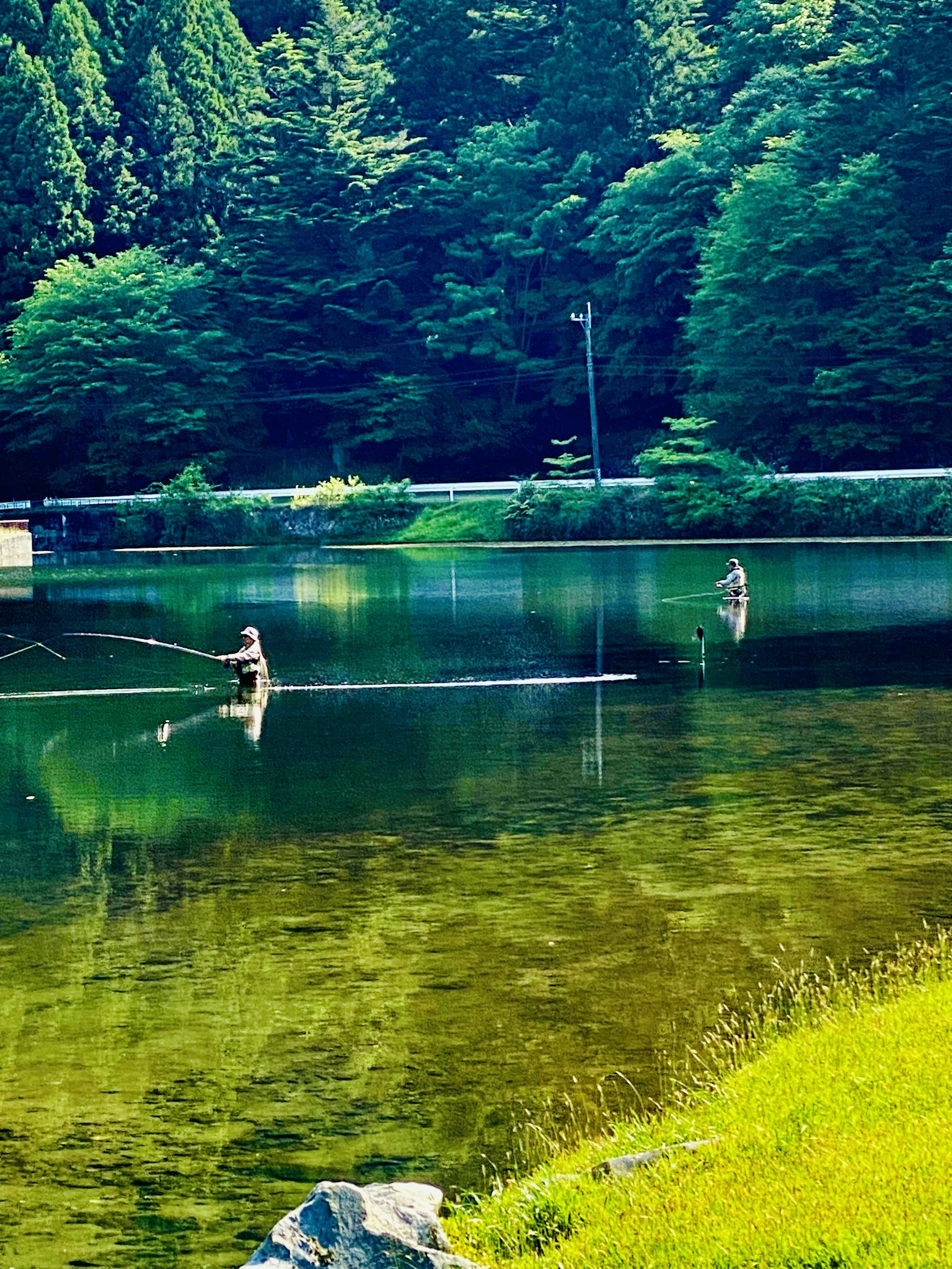 Szene von Menschen, die an einem ruhigen See angeln, umgeben von grünen Bäumen und klarem Wasser