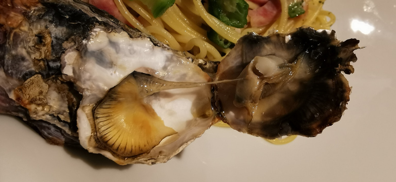 Gros plan d'une huître ouverte avec une assiette de pâtes
