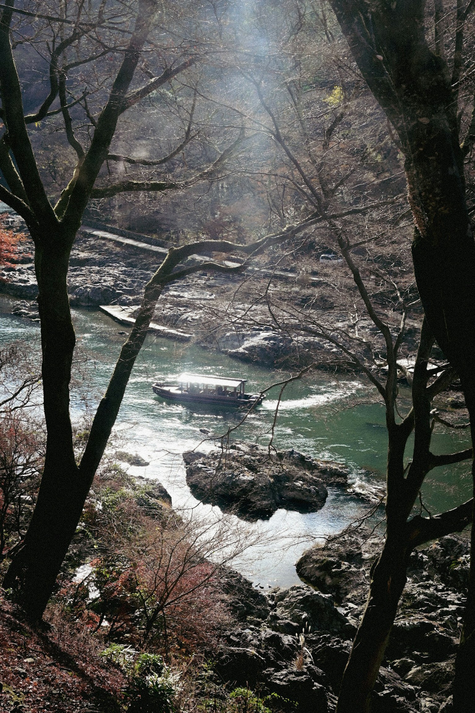 A serene natural landscape featuring a river and rocks surrounded by trees