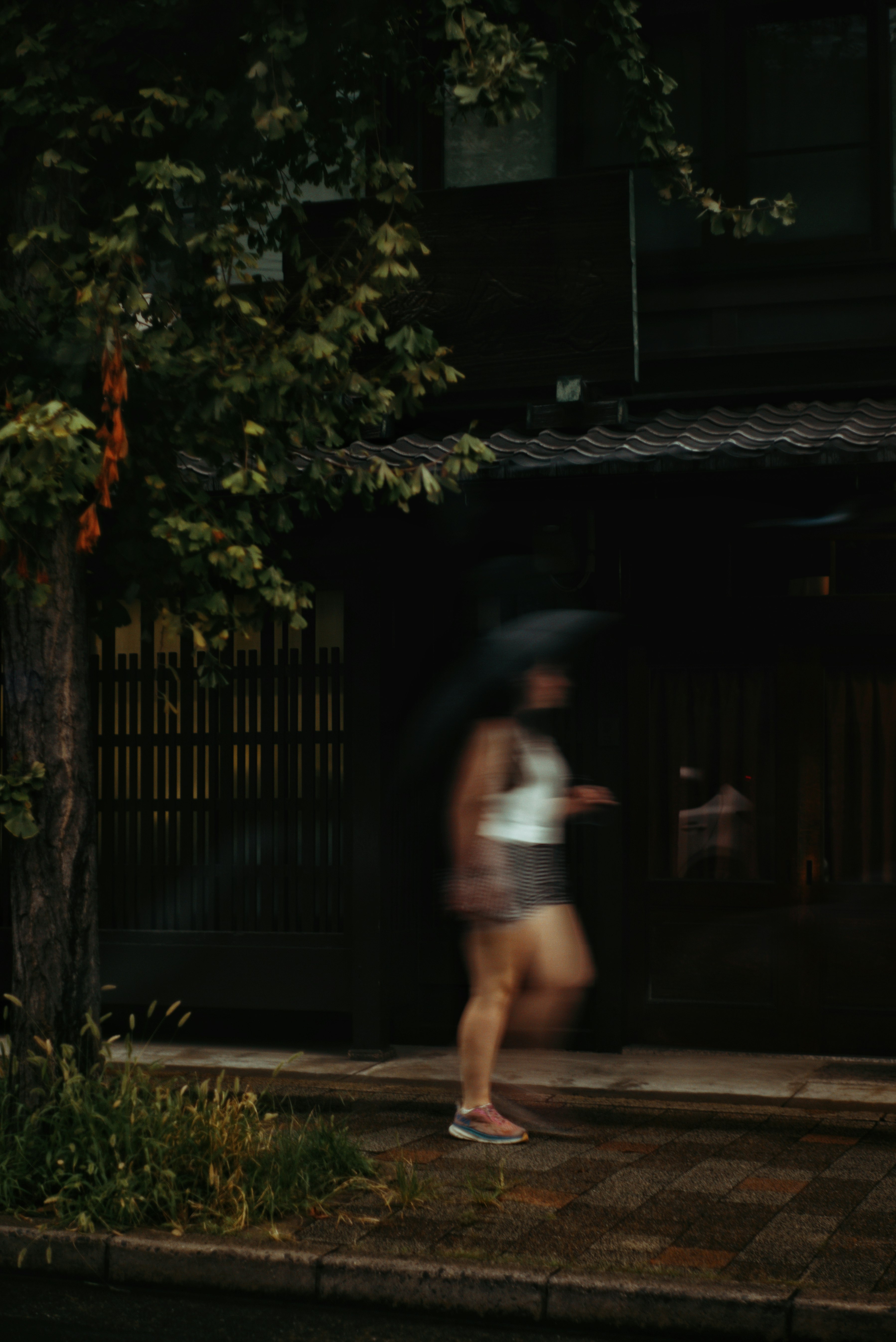雨天巷弄裡撐傘的人走過濕潤石板路