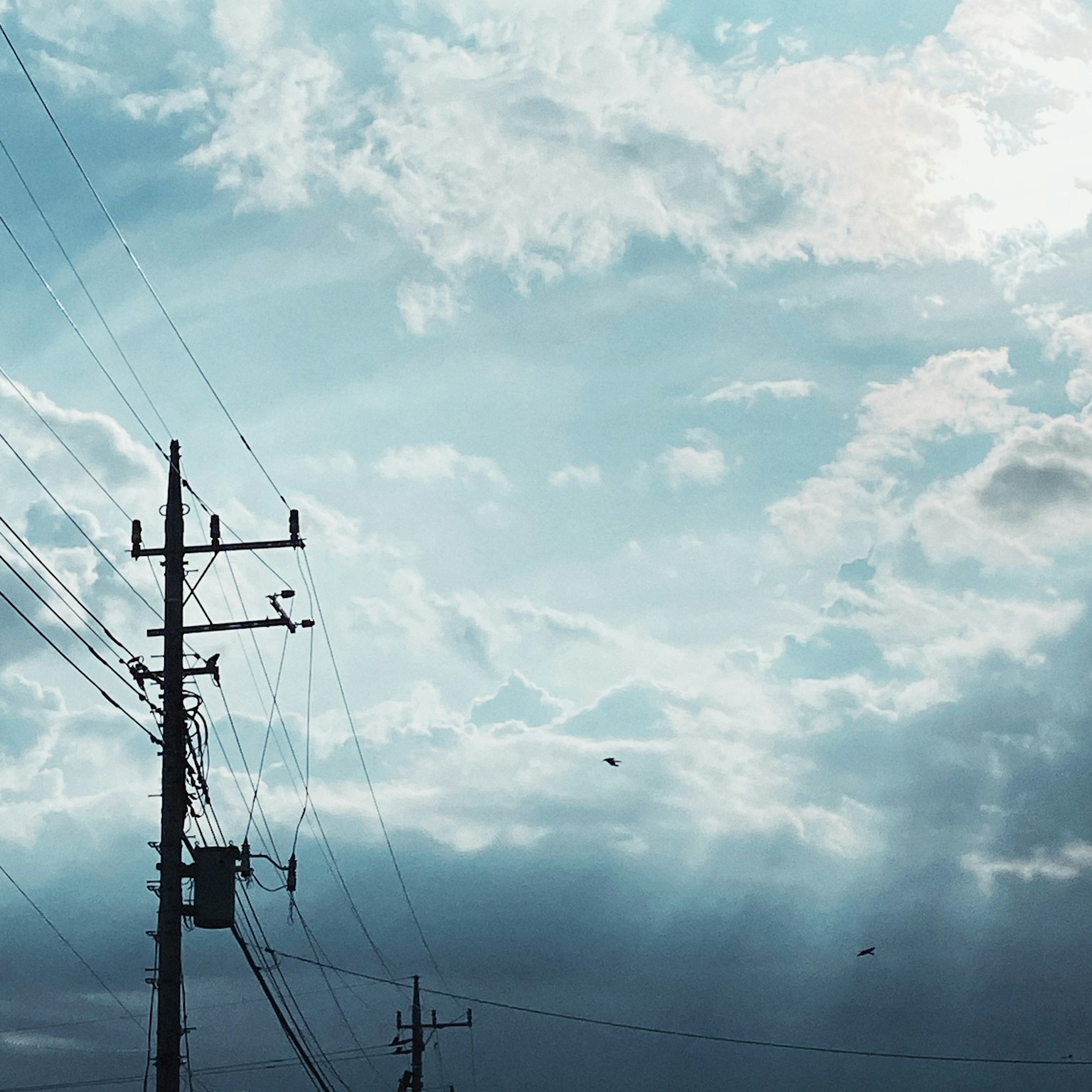 Cielo con nubes y líneas eléctricas en el primer plano