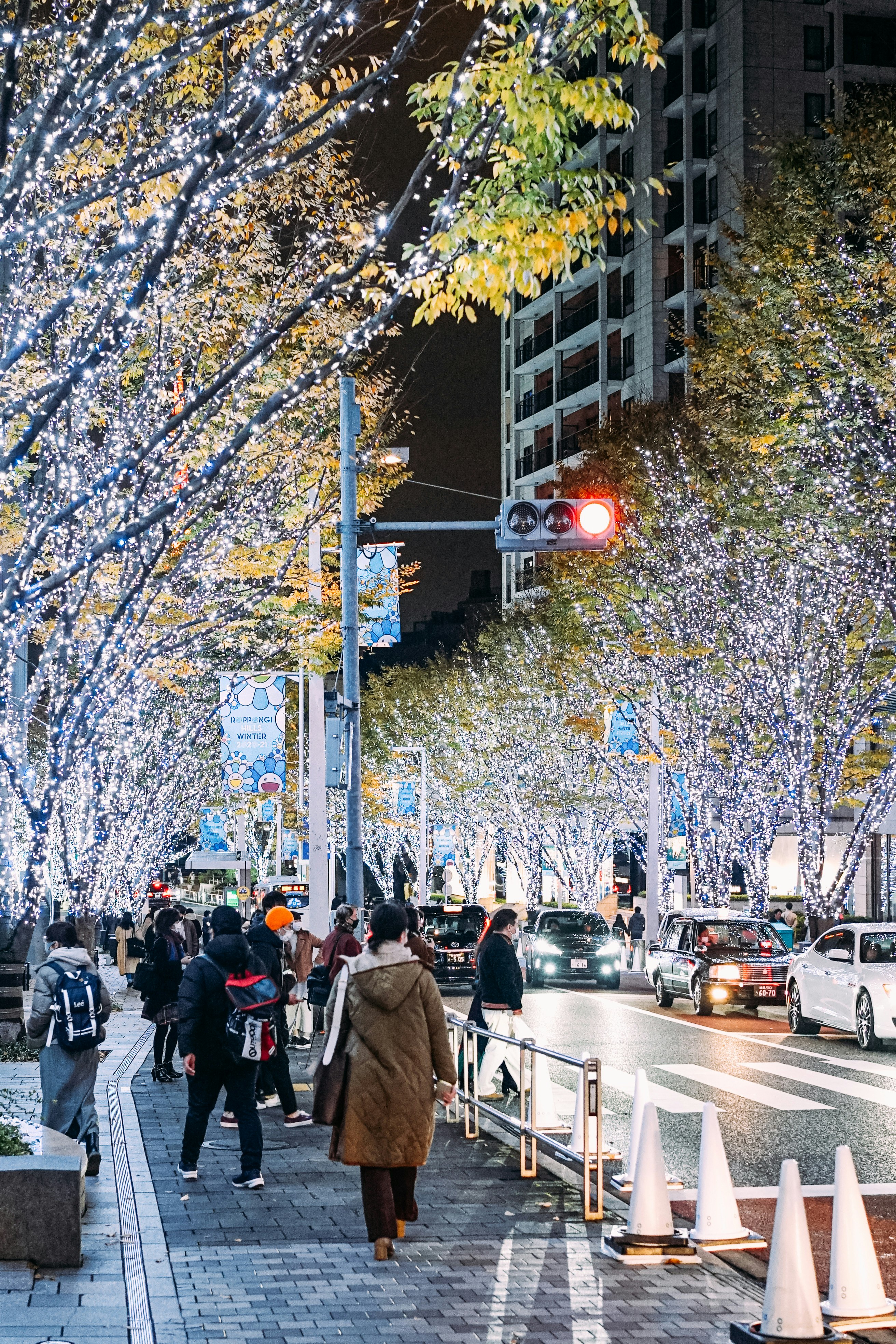 städtische Straße mit Kirschblüten und Fußgängern
