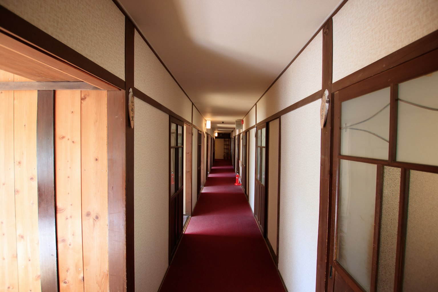 Lorong interior dengan karpet merah dan pintu kayu