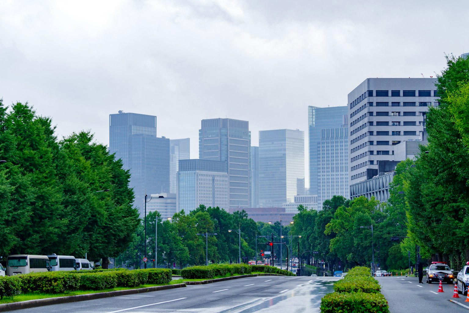 Skyline de Tokyo avec des gratte-ciel et des arbres verts par un jour nuageux