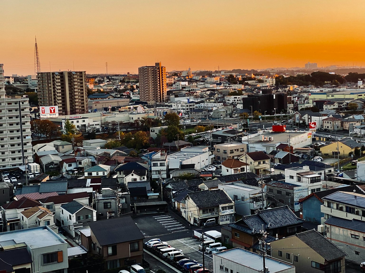 Urban landscape at sunset featuring a mix of houses and high-rise buildings