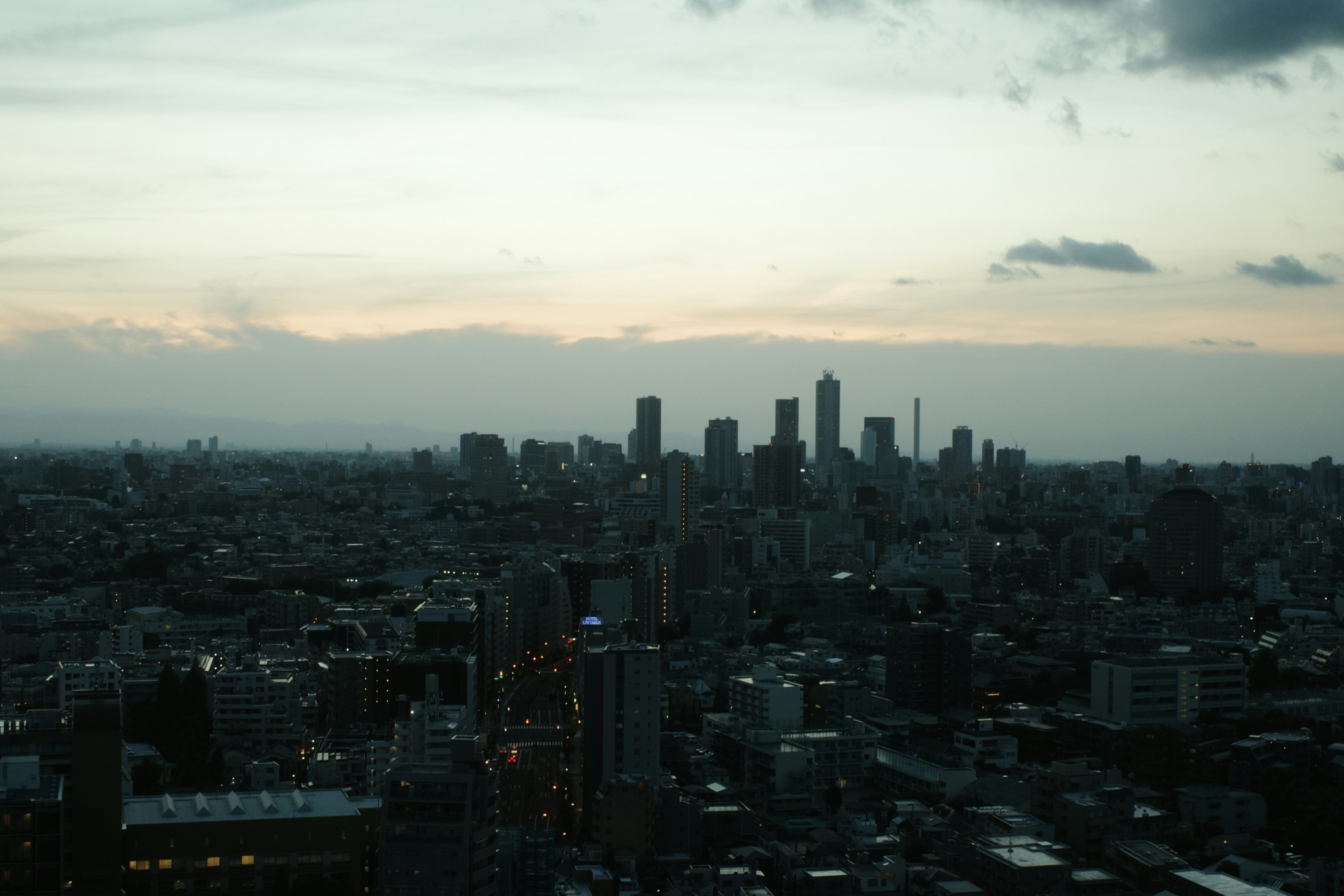 夕暮れの街並みと高層ビルが広がる都市景観