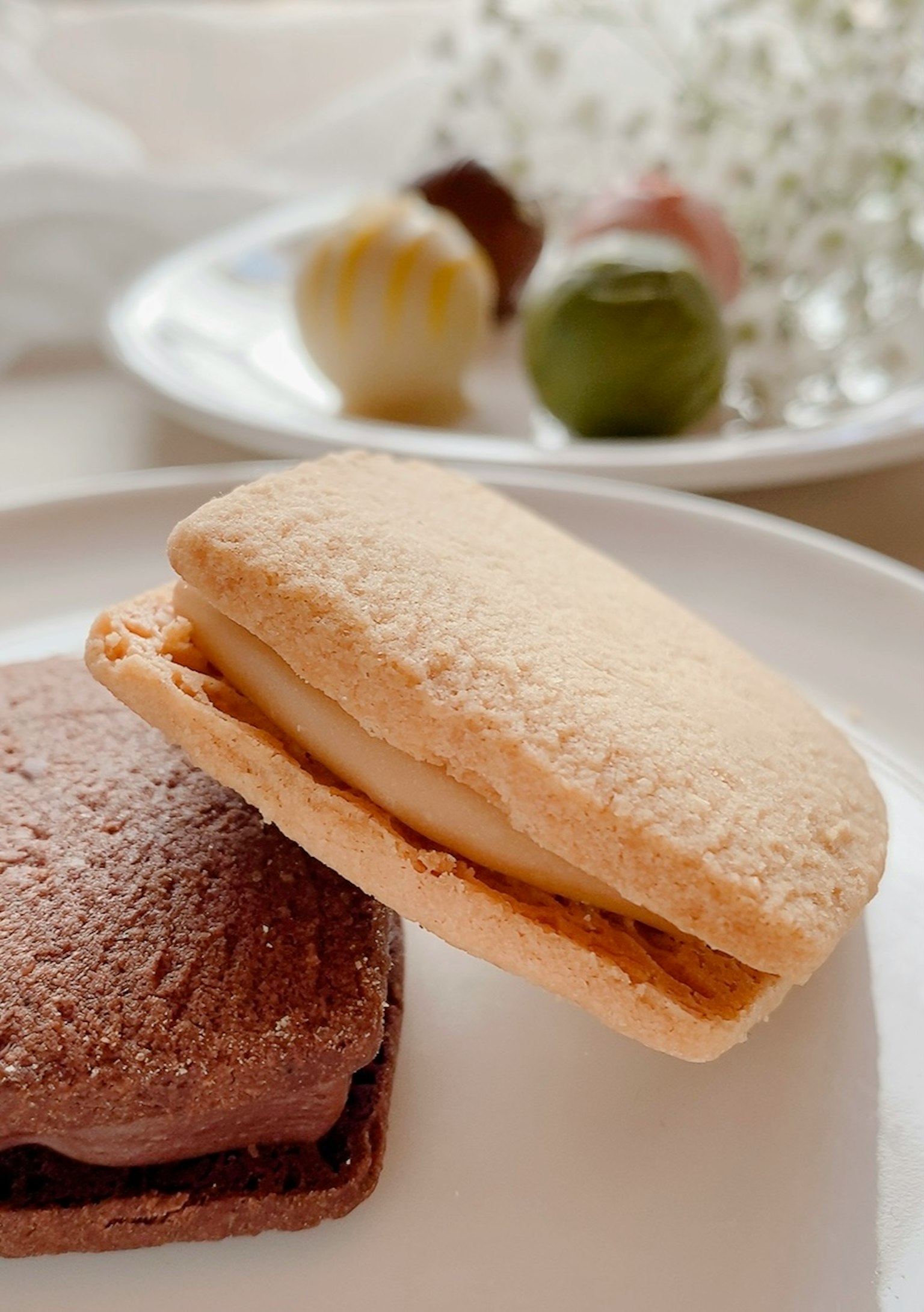 Ein weißes Macaron und ein Schokoladendessert auf einem Tisch mit schönen Süßigkeiten im Hintergrund