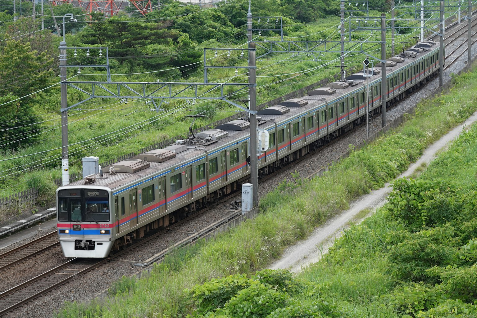 รถไฟที่วิ่งผ่านภูมิทัศน์สีเขียว