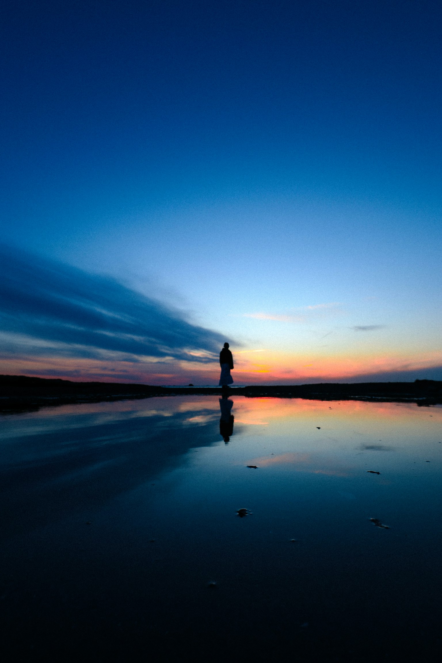 Silhouette in piedi contro il riflesso del tramonto sull'acqua