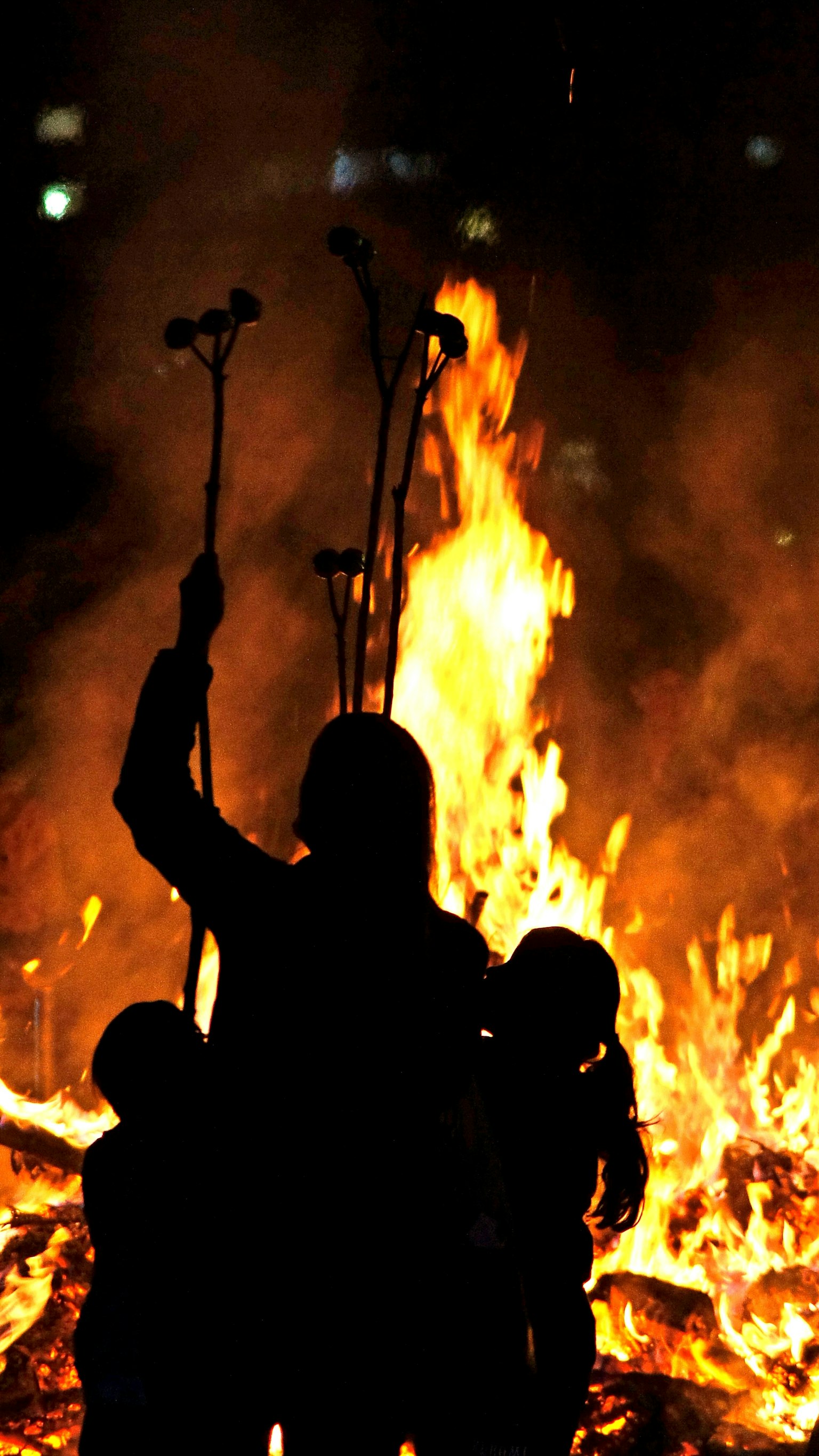 Silhouette de personnes se tenant devant un feu lumineux
