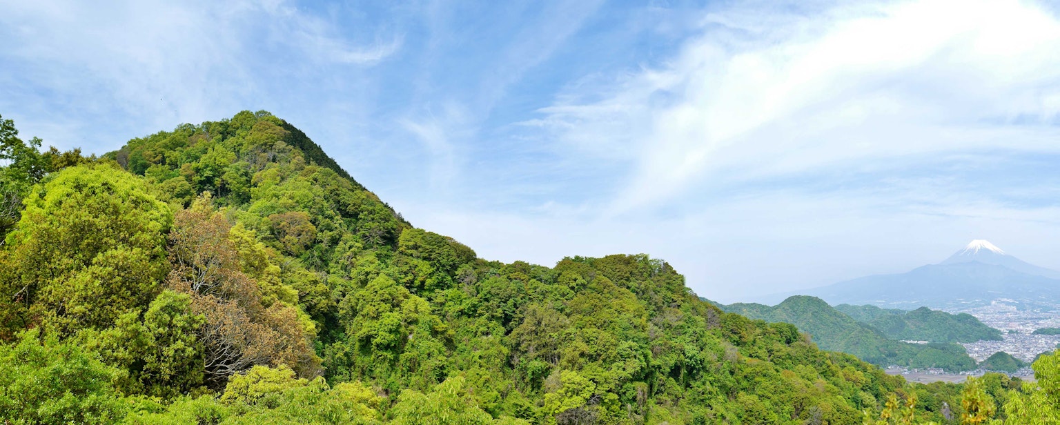 Gunung hijau subur di bawah langit biru