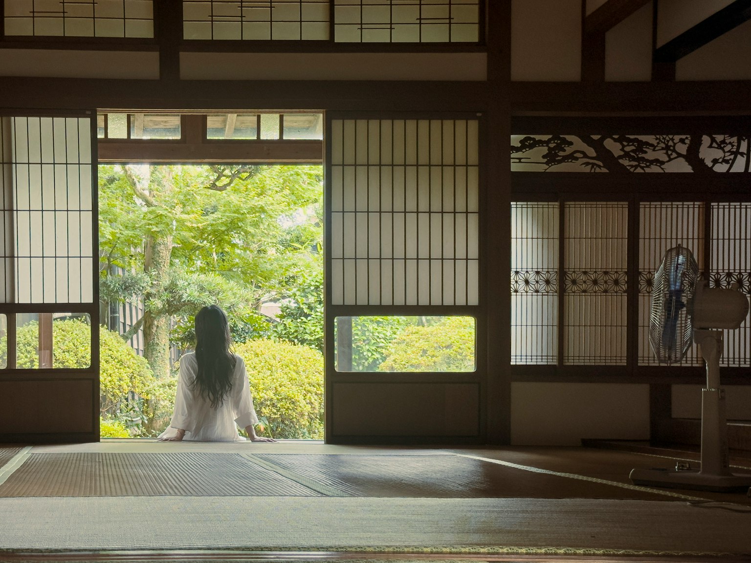 静かな和室から庭を眺める女性の後ろ姿