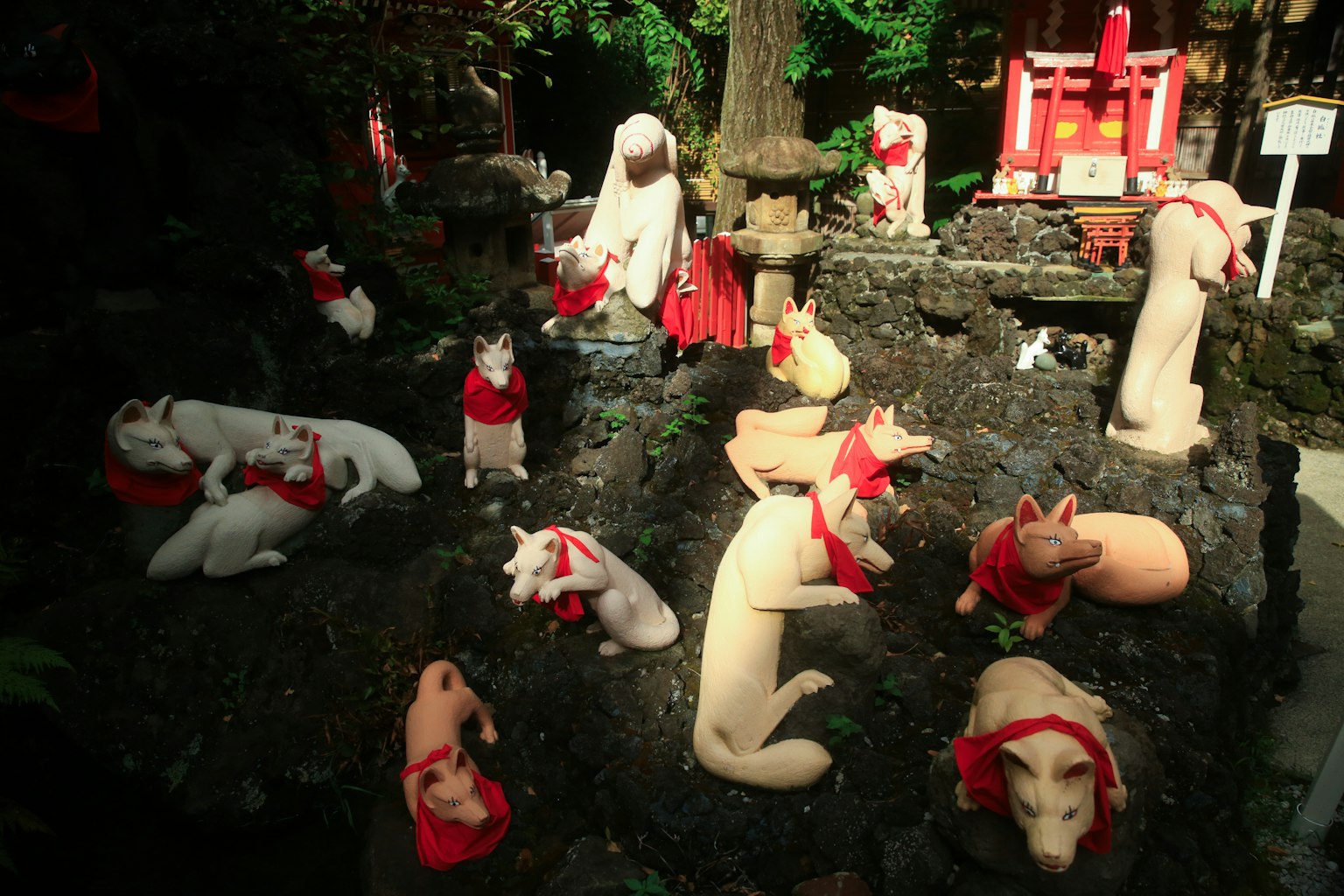 Pemandangan kuil dengan banyak patung anjing yang mengenakan jubah merah