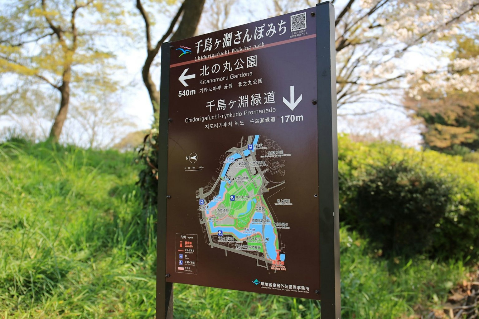 Cartel que muestra el mapa del parque rodeado de hierba verde y árboles
