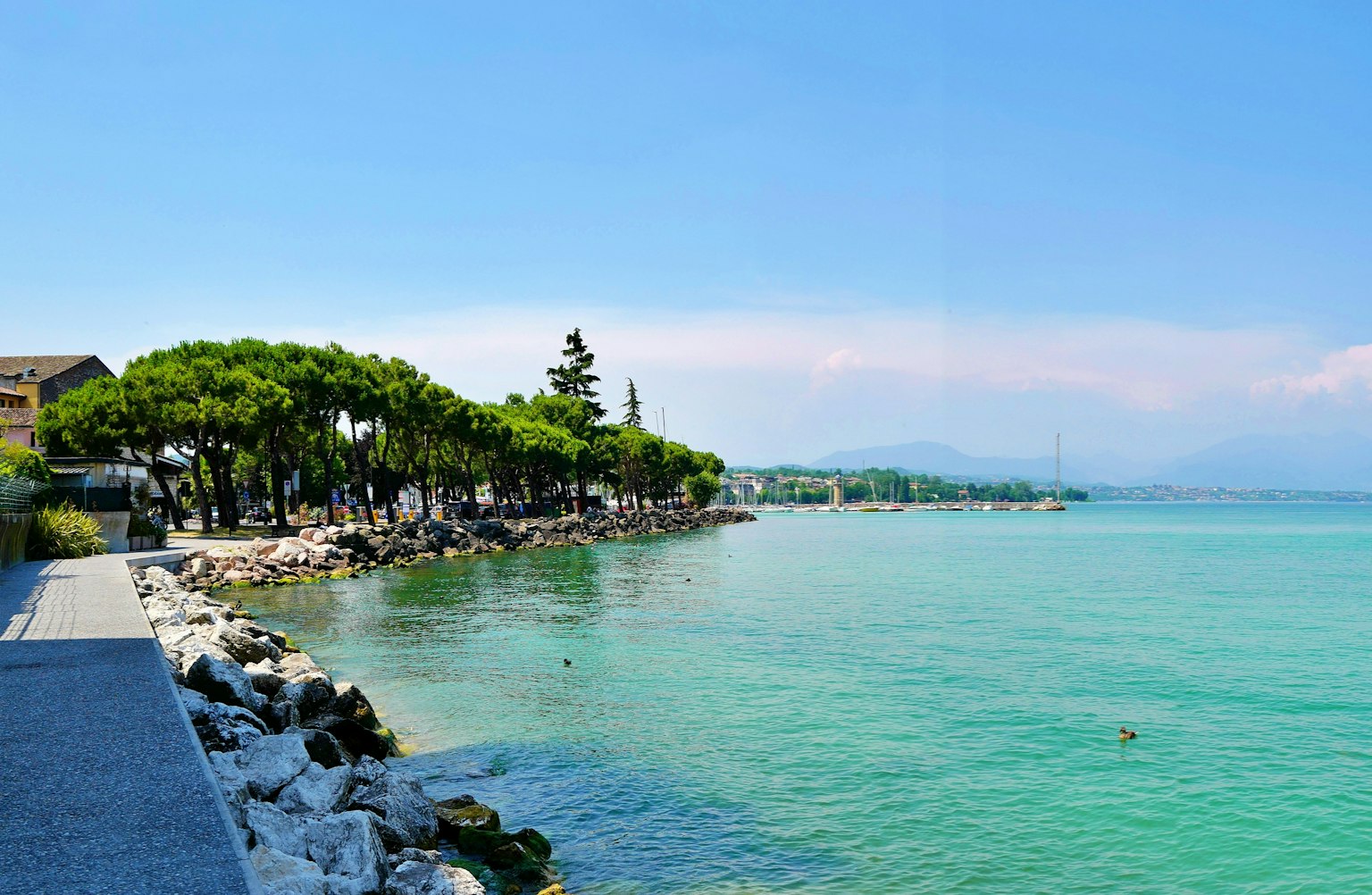 Malersicher Blick auf einen See mit türkisfarbenem Wasser und üppigem Grün