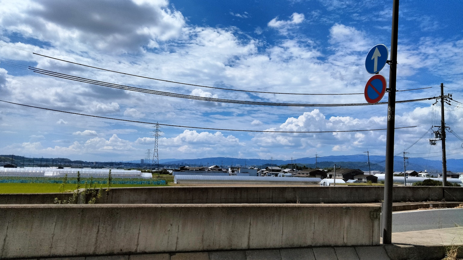 藍天白雲下的田野景觀和交通標誌
