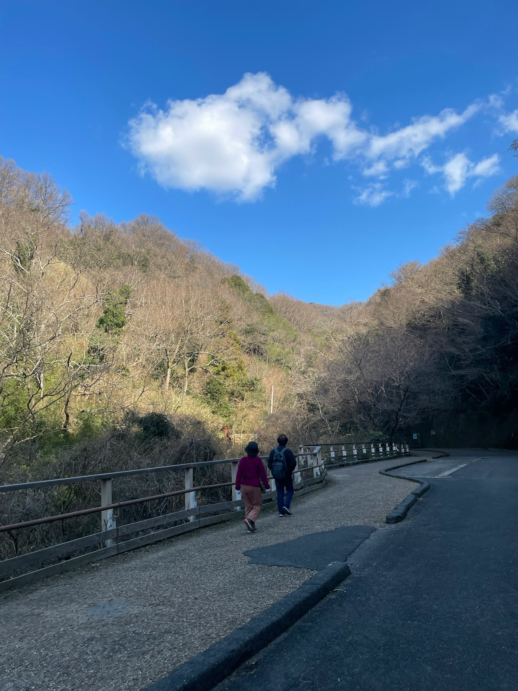 山道を歩く両親と青空の渓谷風景