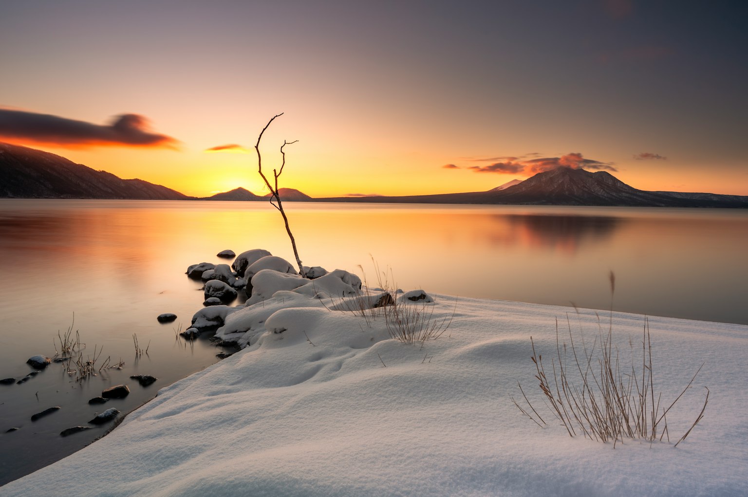 Schneebedeckte Seeufer mit einem toten Baum und ruhigem Wasser bei Sonnenuntergang