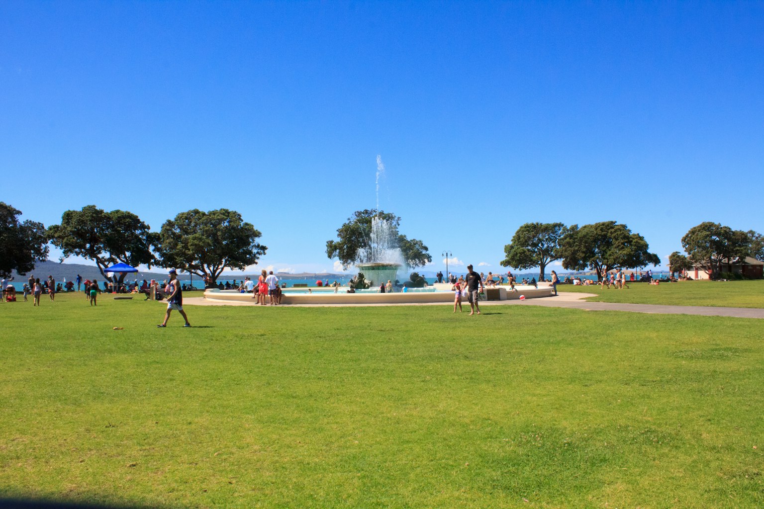 Park scene with blue sky and green grass featuring a fountain and trees with people enjoying the outdoors