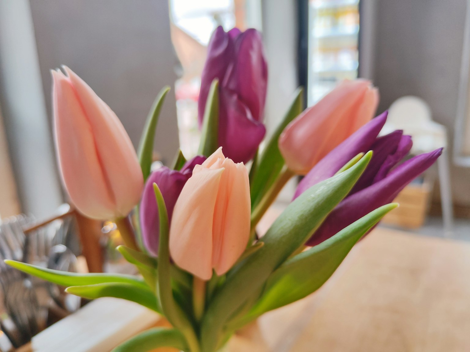 Một bó tulip hồng và tím trong bình