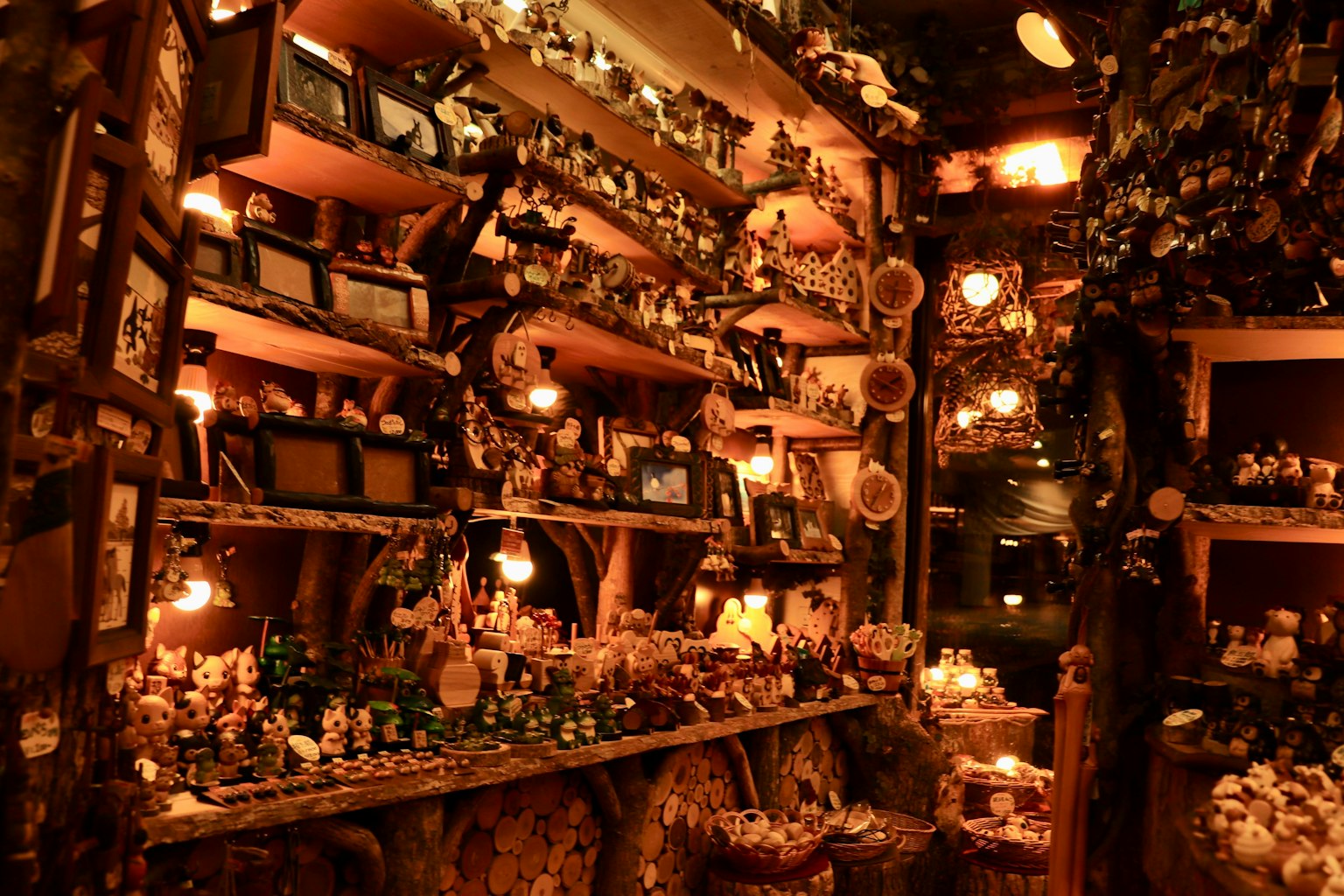 Decorative interior with shelves filled with various trinkets and warm lighting