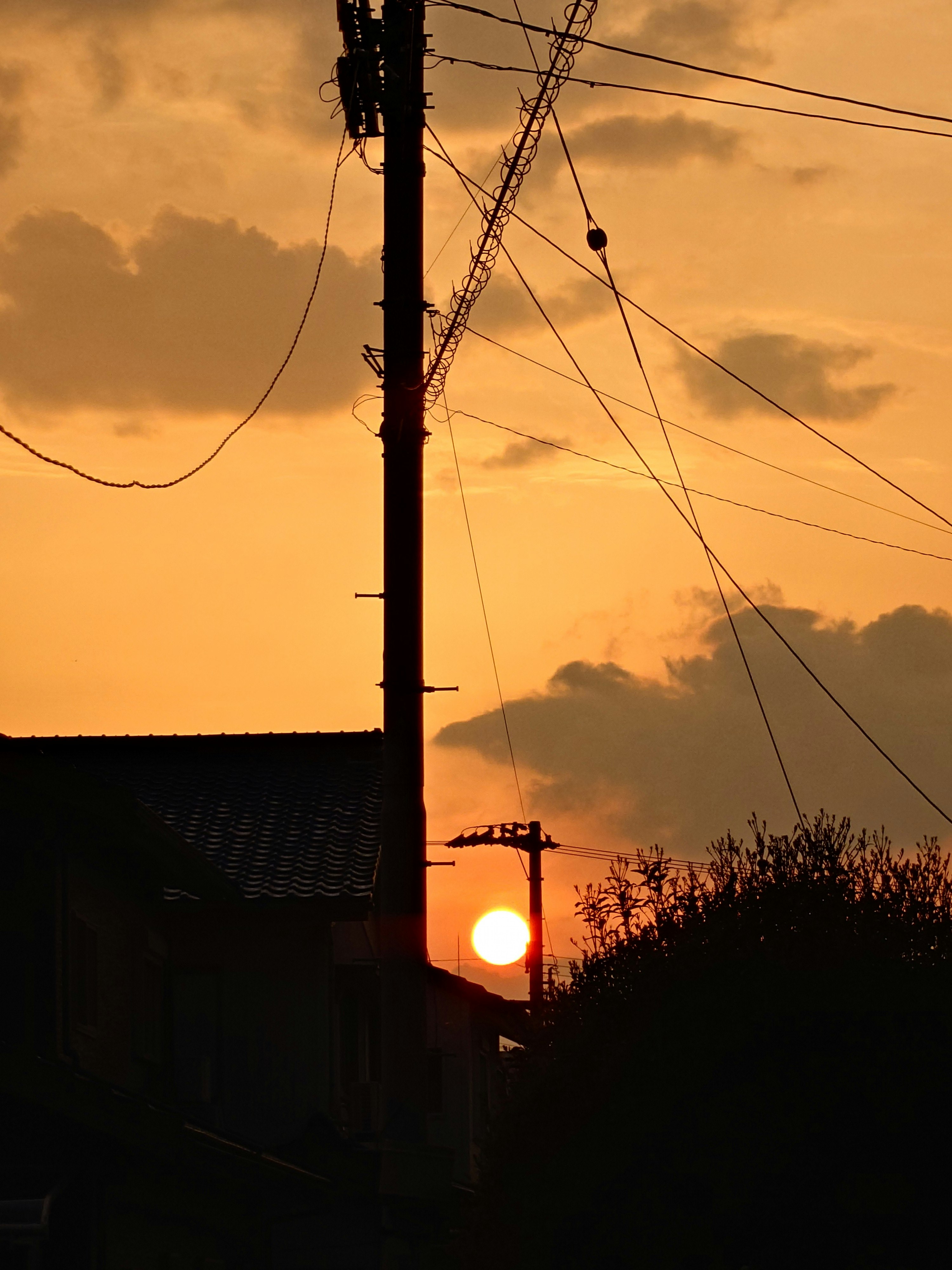 夕日に照らされる電柱と空のシルエット