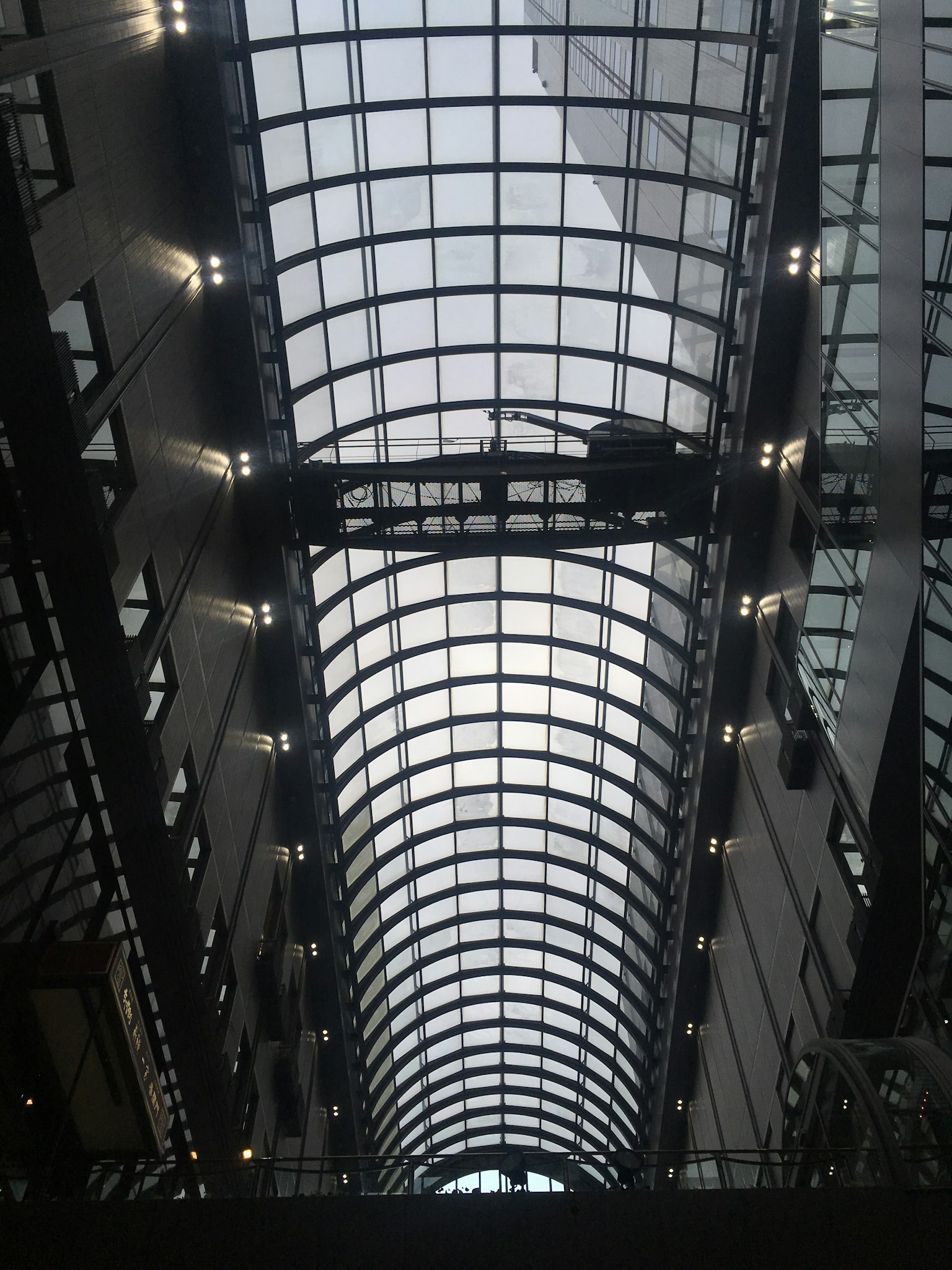 建築內部的玻璃天花板視圖，展示明亮的燈光和曲線設計