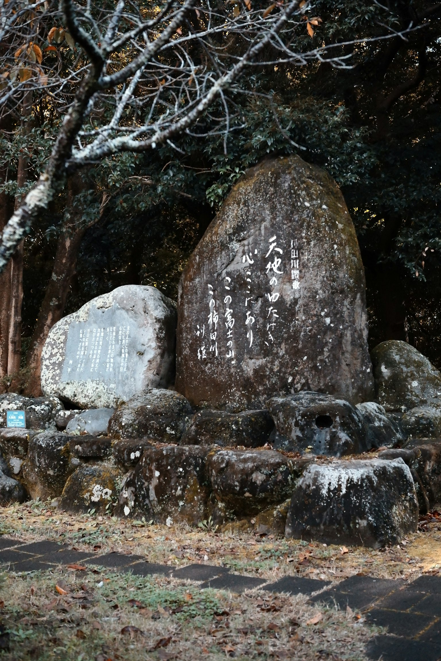 Ein von Natur umgebener Steinmonument mit alten Inschriften