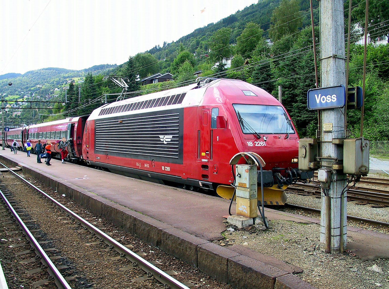 Red train stopped at station with green mountains in background