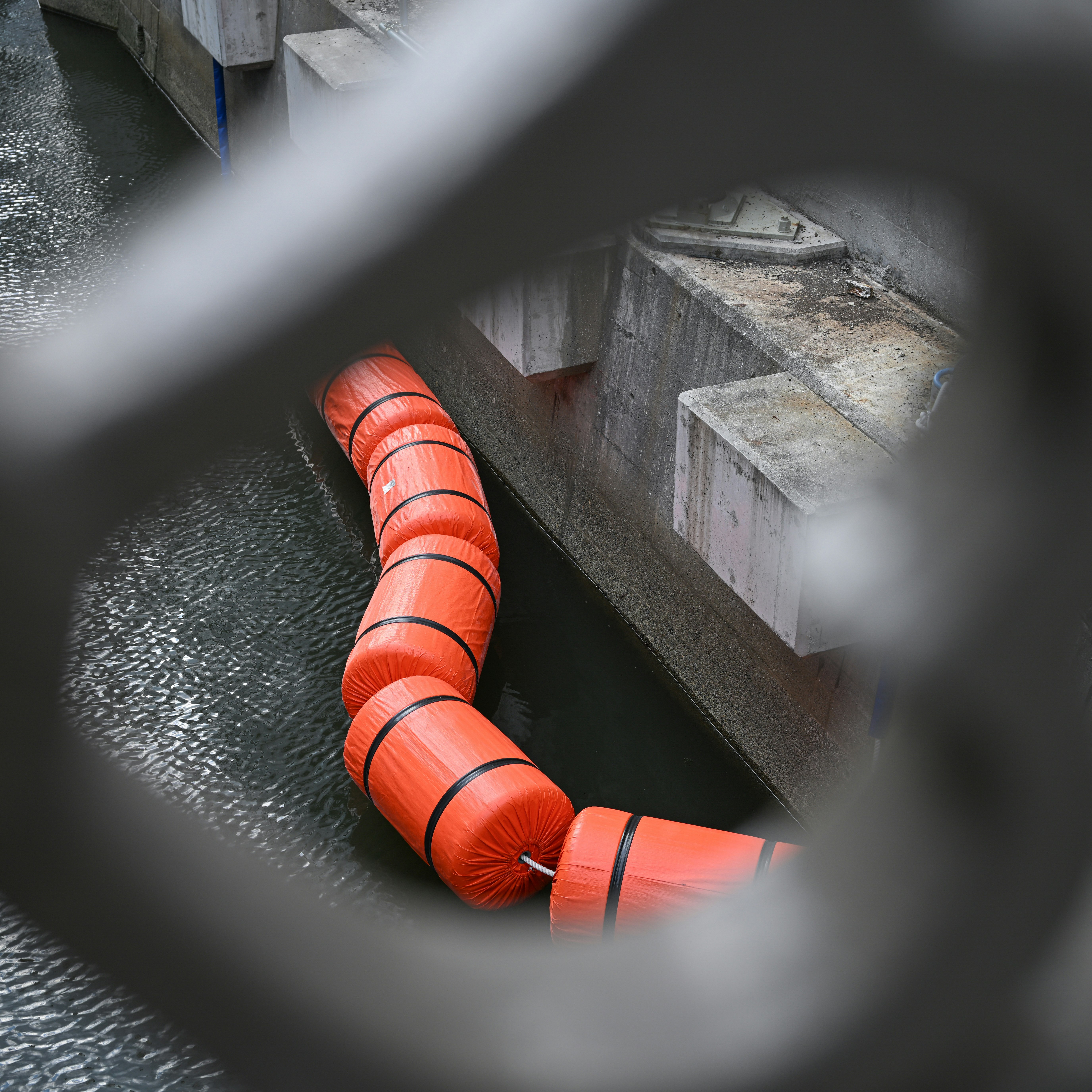 日本橋川の護岸に沿うオレンジ色の警戒用浮き輪