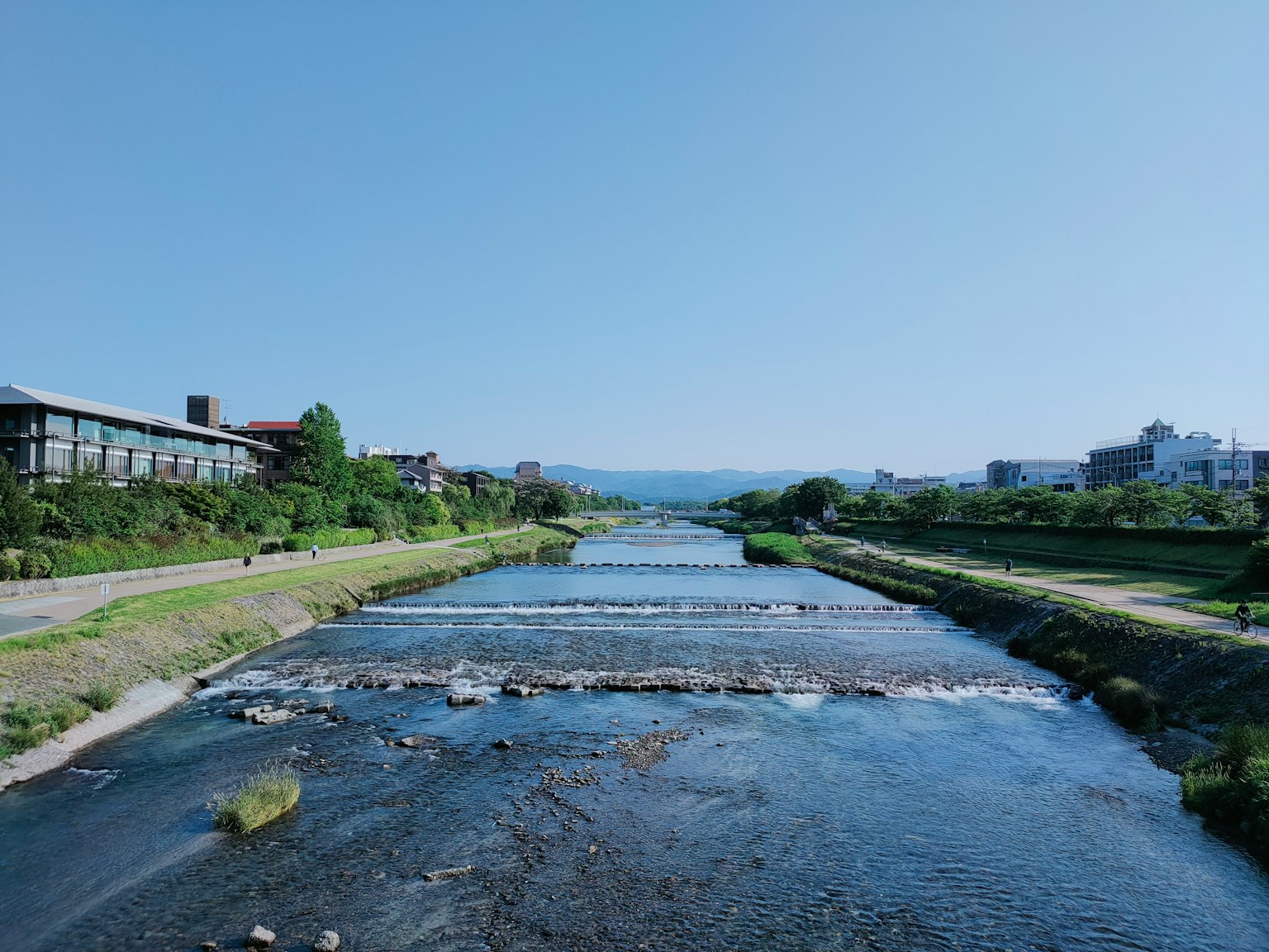 藍天之下流淌的河流風景兩岸郁郁蔥蔥的植物安靜的水面上可見石頭