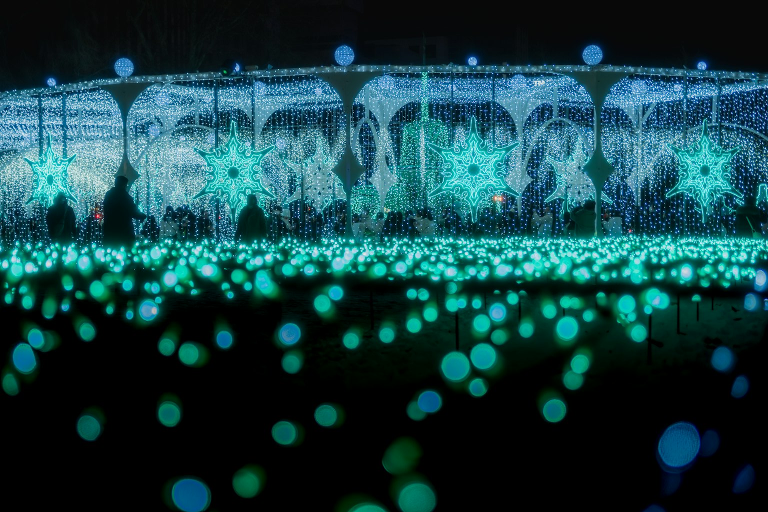 Una bella esposizione di luci turchesi in un paesaggio illuminato