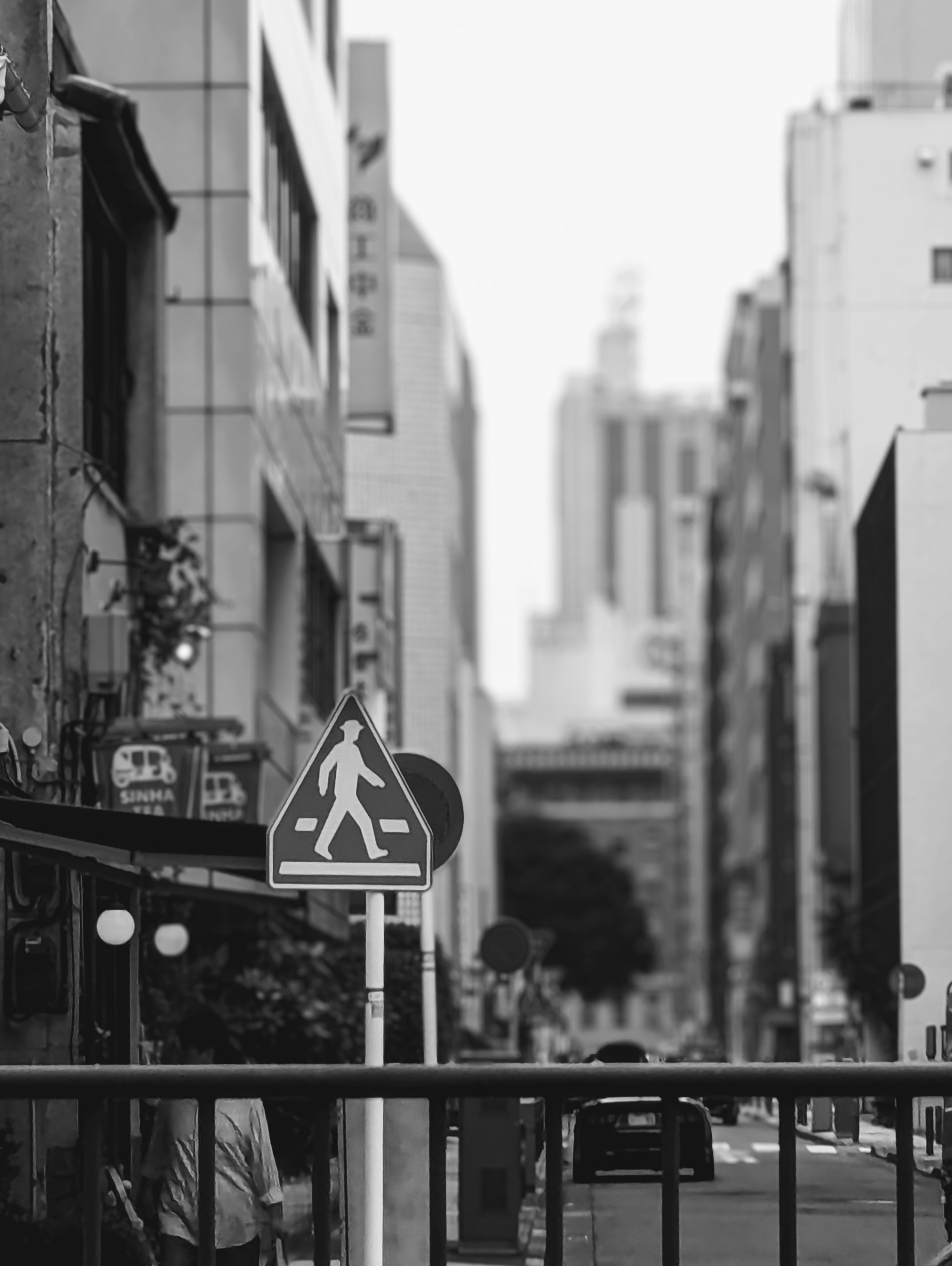 モノクロの街並みを見下ろす歩行者用標識のある都市の通り