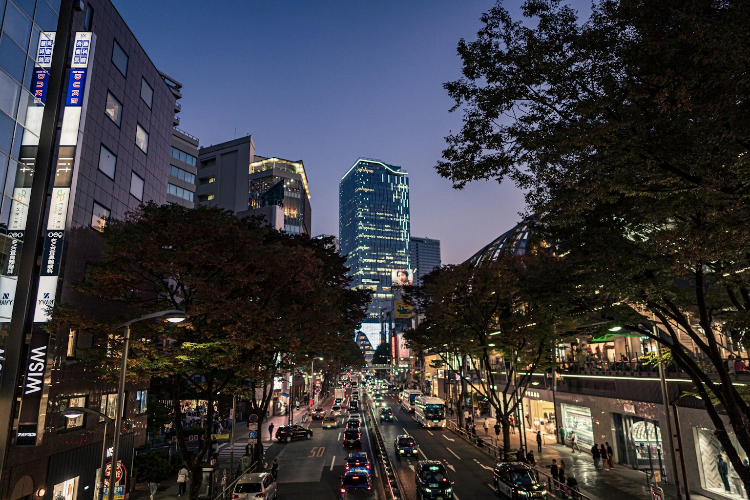 Paysage urbain nocturne avec des gratte-ciels et des arbres de rue