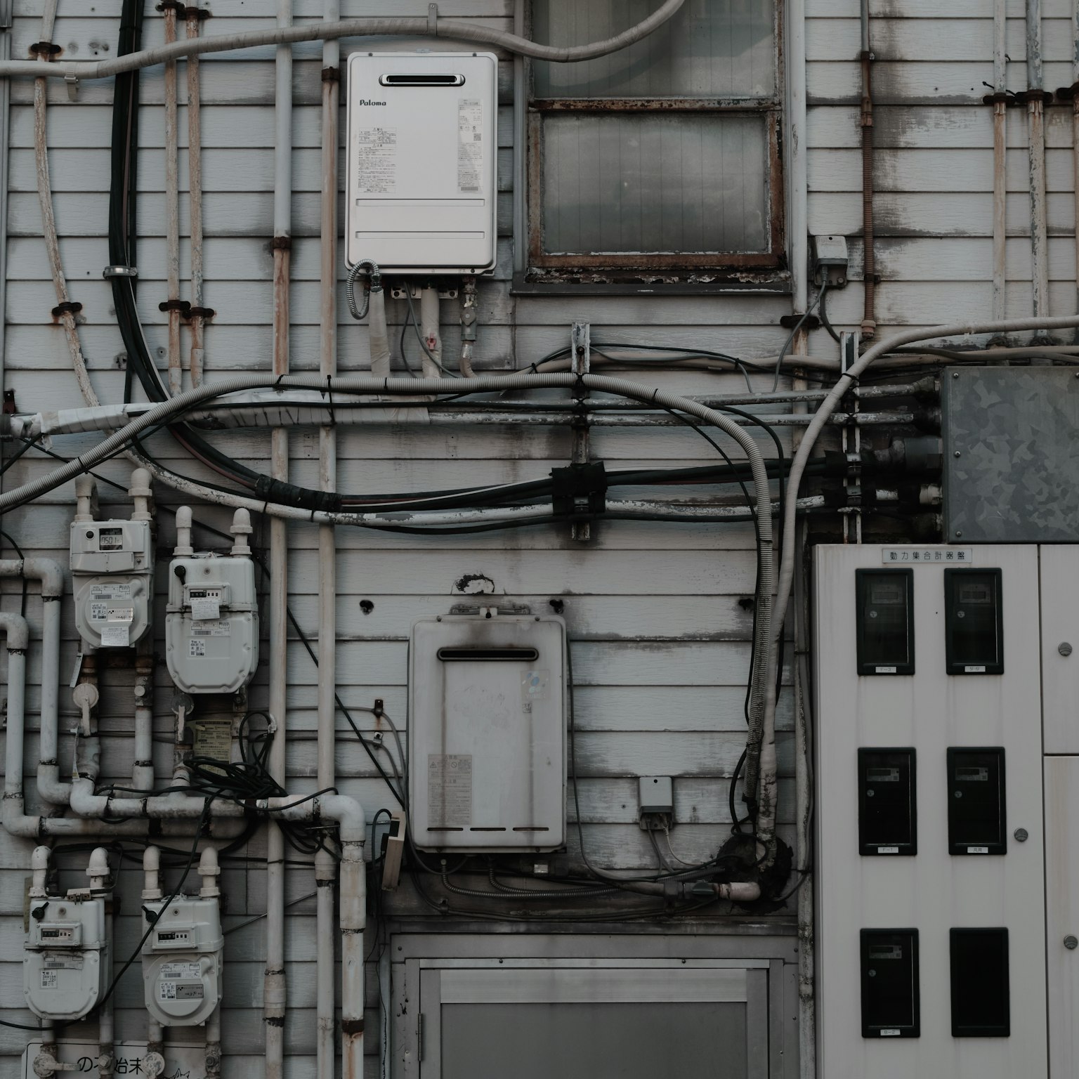 Scena industriale con tubi e contatori su un muro bianco