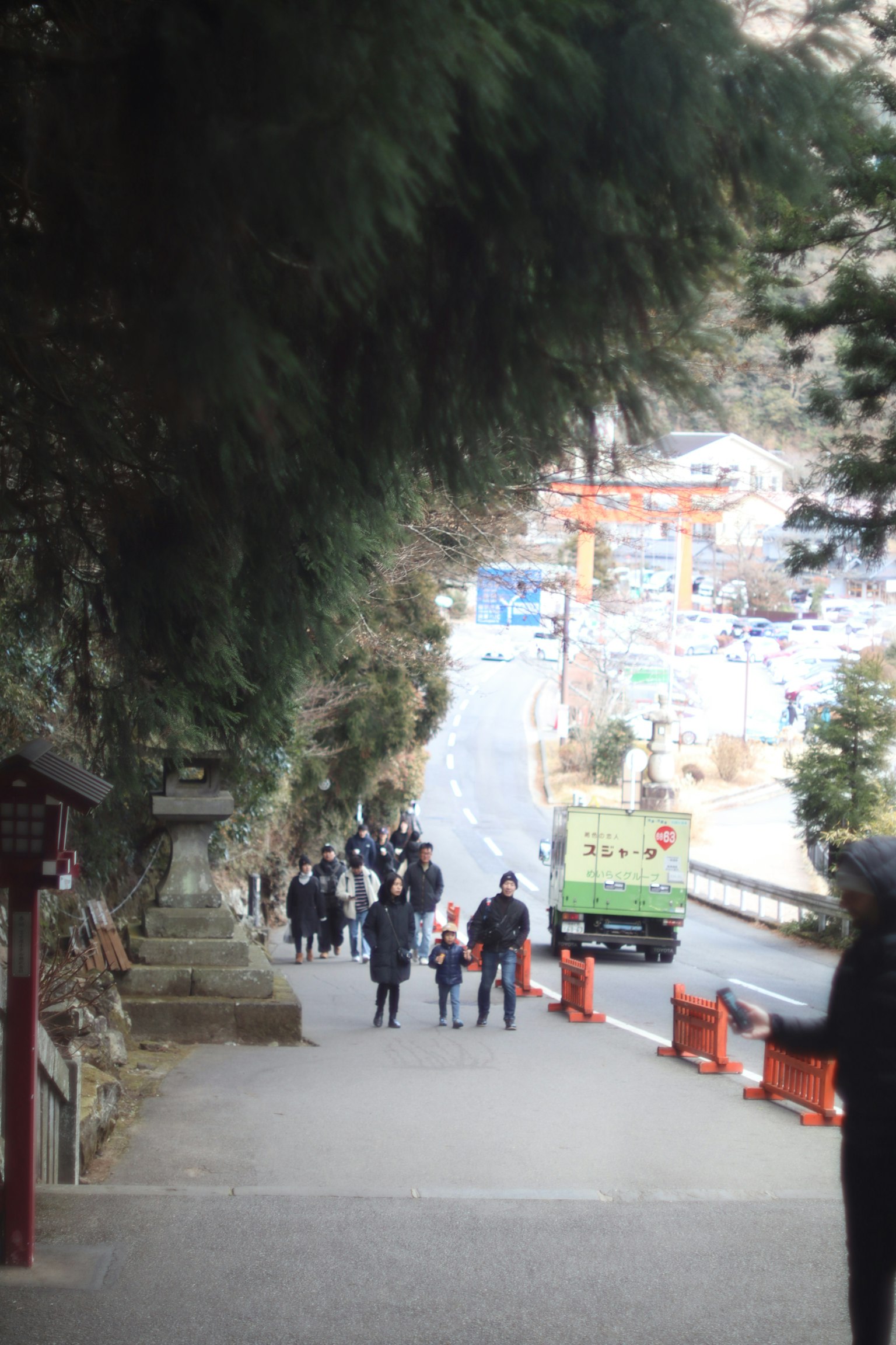 人々が階段を下りている風景 緑の木々と道路が見える