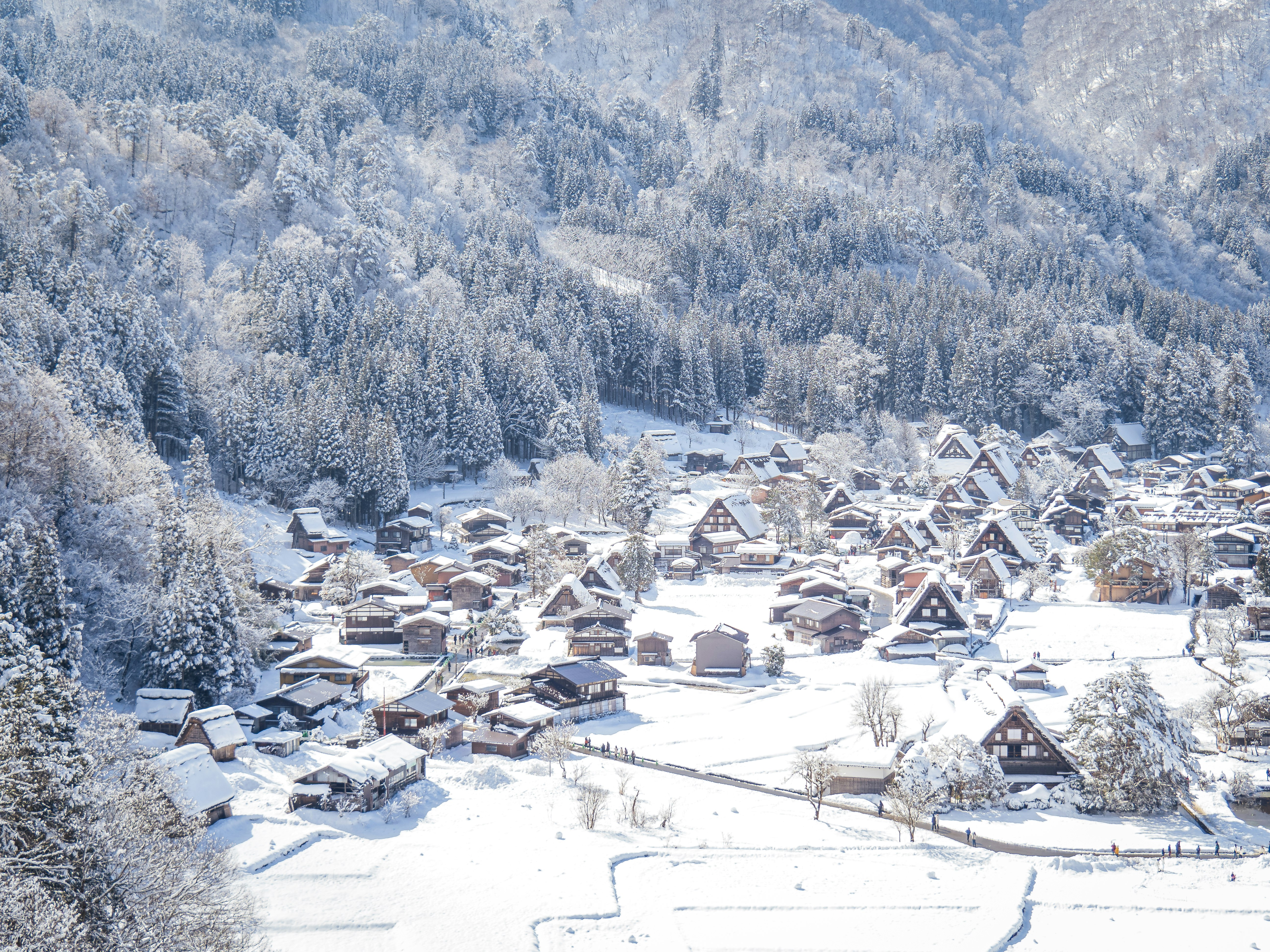 雪覆盖的山间村庄房屋
