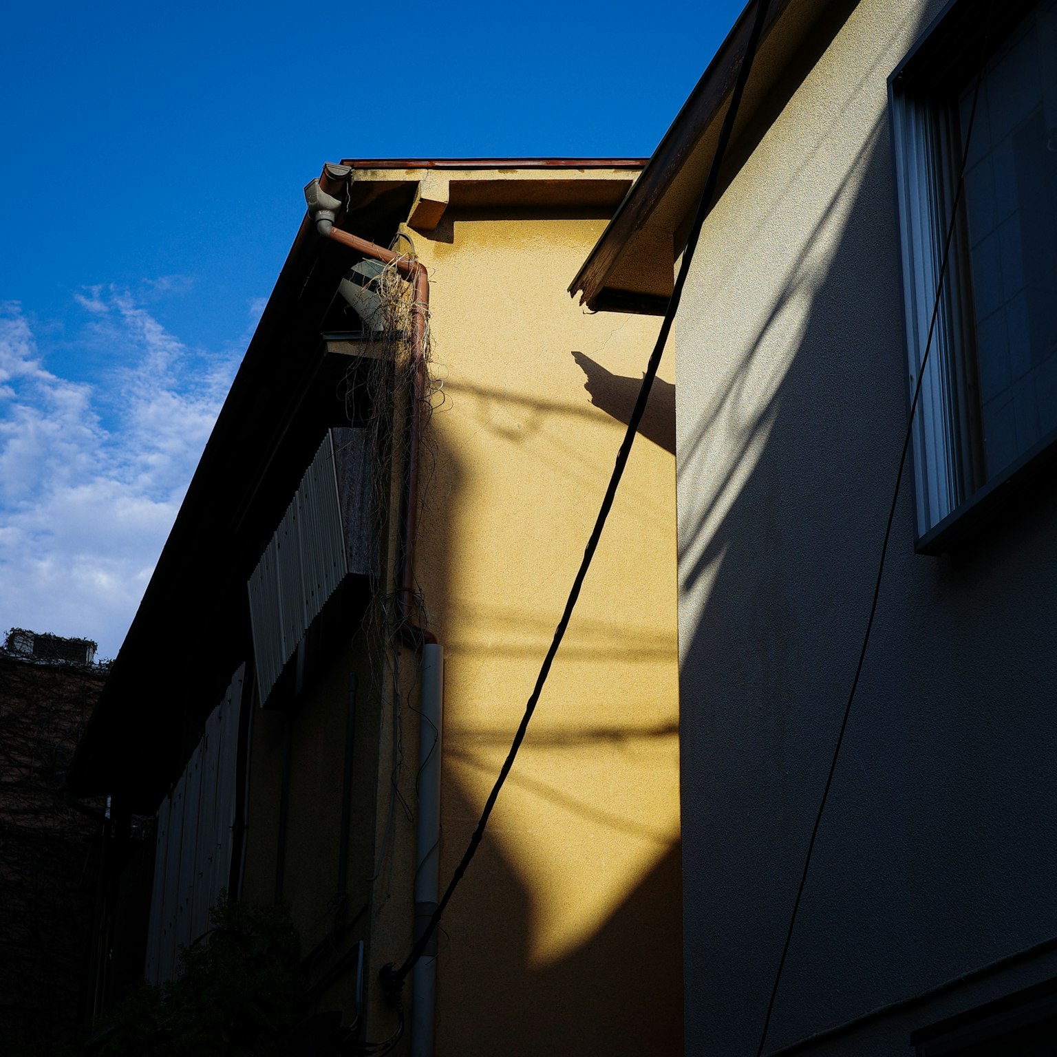 Two houses under a blue sky with shadows cast, featuring a yellow wall and visible power lines