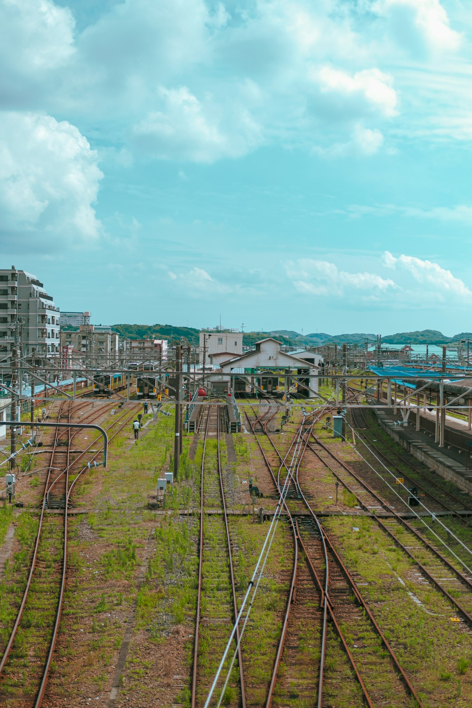 铁路和车站的景观绿色草地和蓝天
