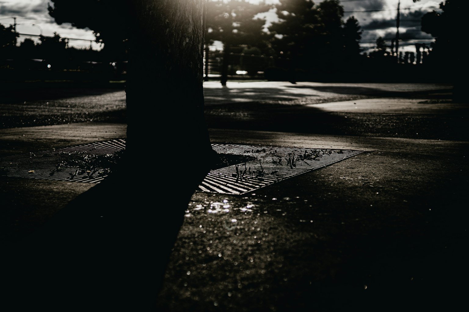 Shadowed street scene with reflections in puddles